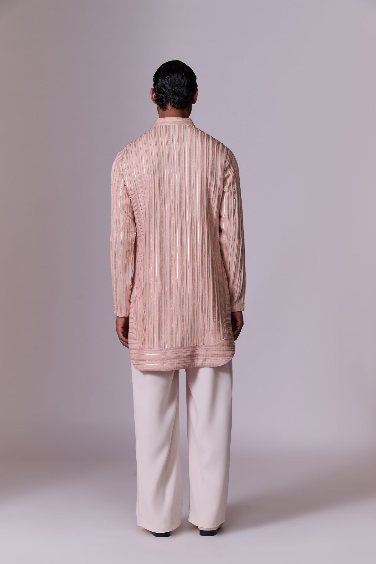 Salmon Striped Embroidered Kurta Set