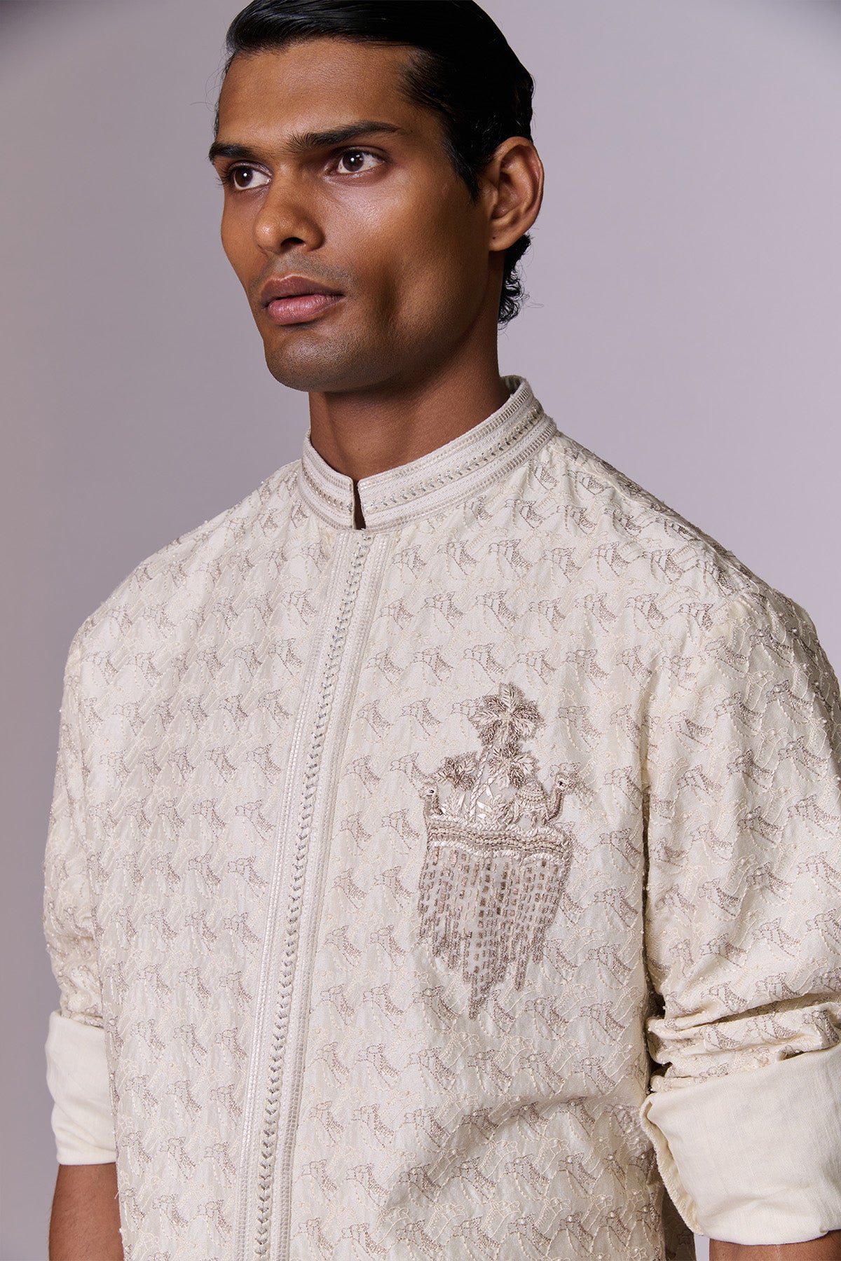 White Tonal Embroidered Crested Kurta Set