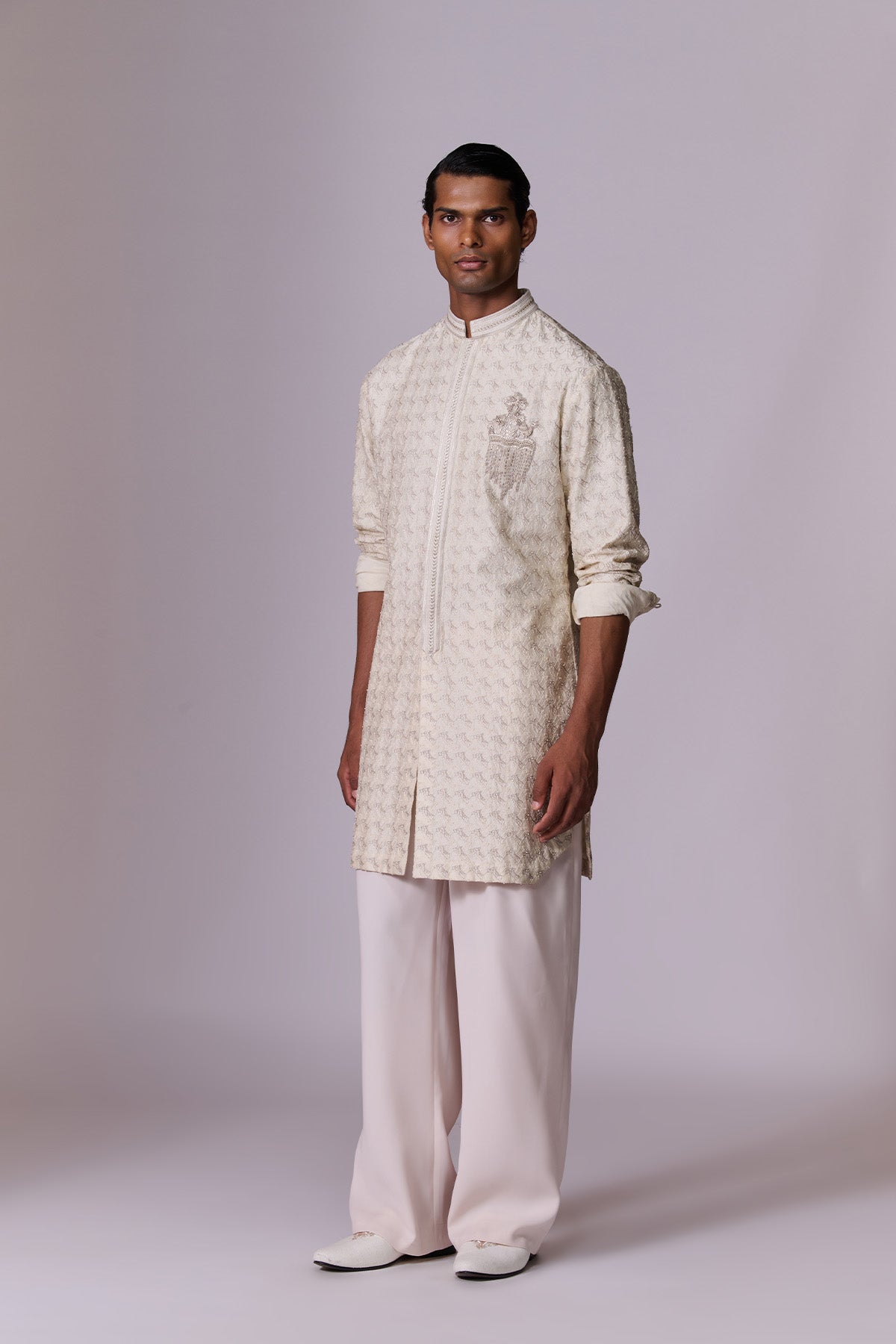 White Tonal Embroidered Crested Kurta Set