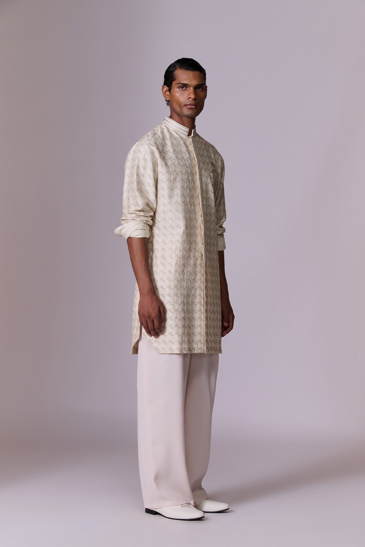 White Tonal Embroidered Crested Kurta Set