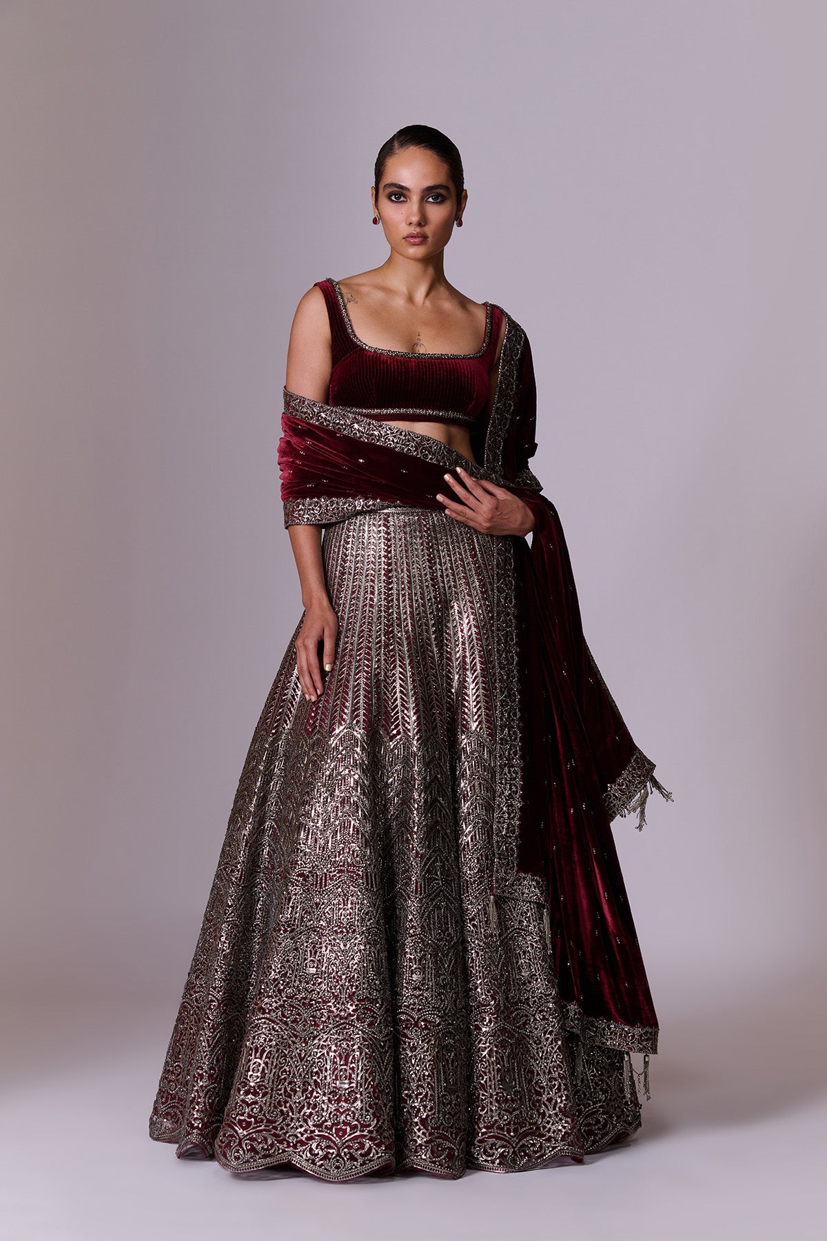 Wine Embellished Lehenga Set