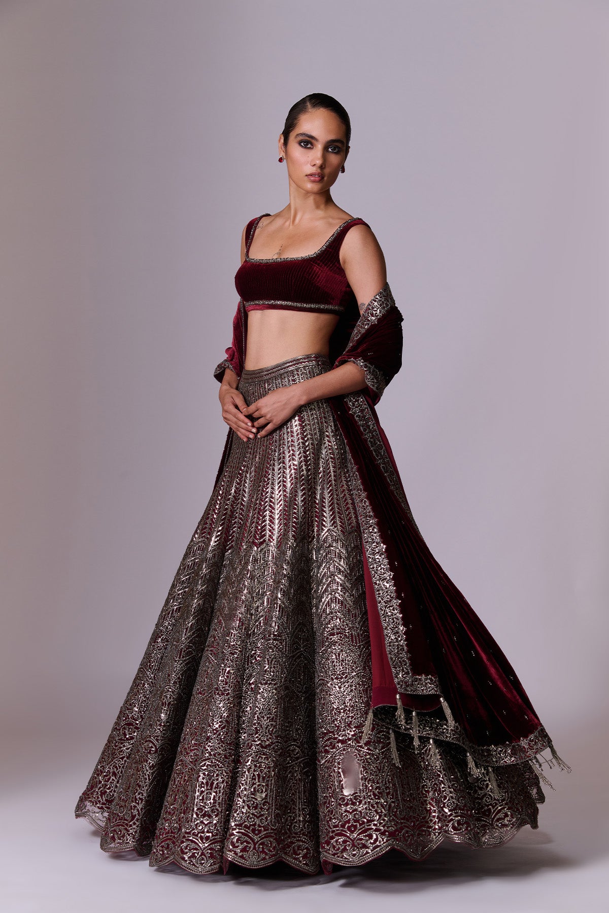 Wine Embellished Lehenga Set
