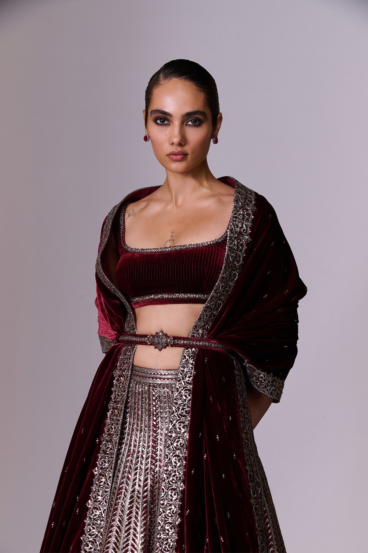 Wine Embellished Lehenga Set