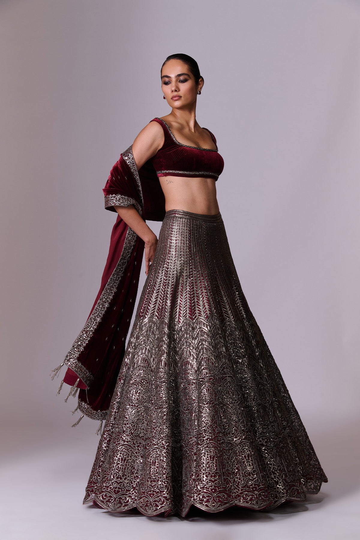 Wine Embellished Lehenga Set