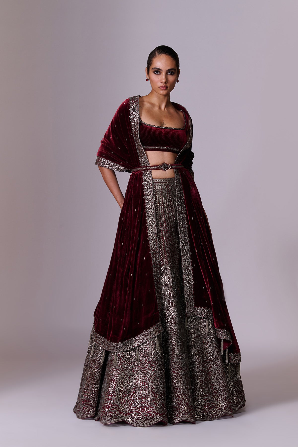 Wine Embellished Lehenga Set