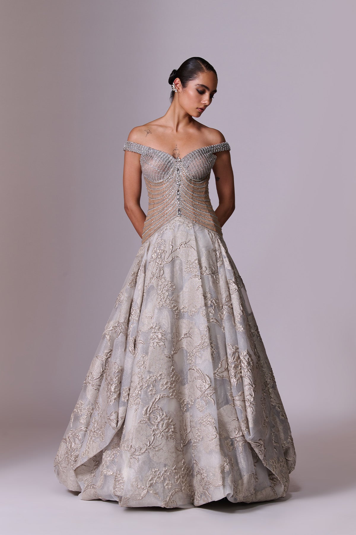 Silver-Grey Sculpted Brocade Gown
