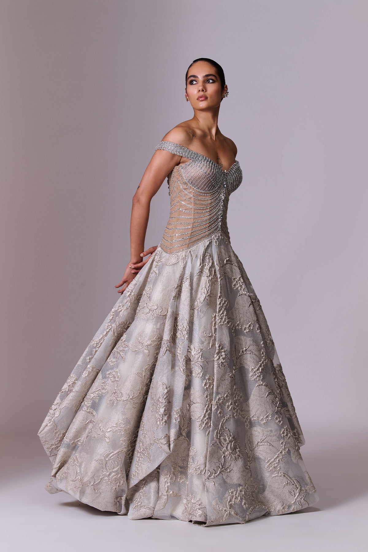 Silver-Grey Sculpted Brocade Gown