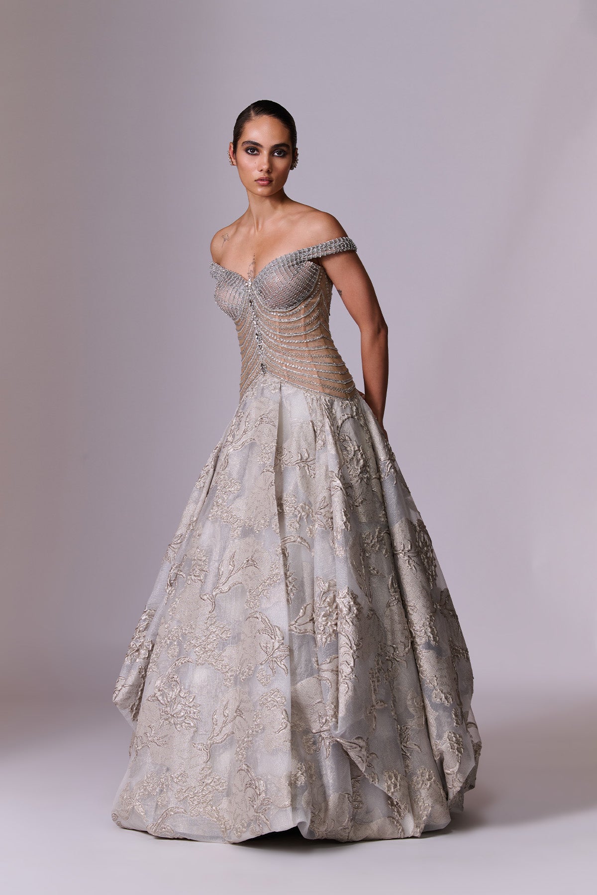 Silver-Grey Sculpted Brocade Gown