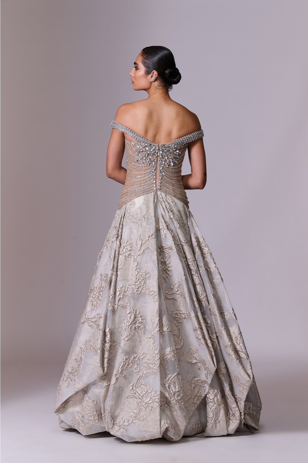 Silver-Grey Sculpted Brocade Gown