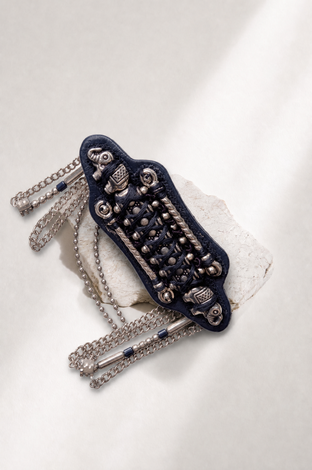 Navy Blue Embellished Chain Brooch