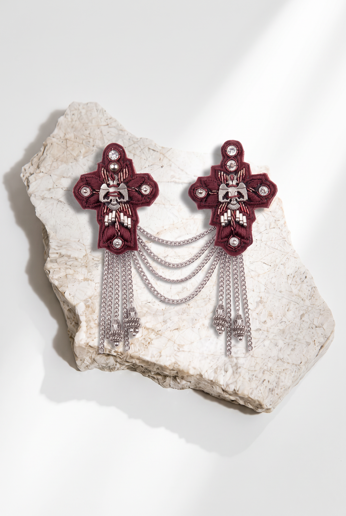 Burgundy Embellished Cross Statement Brooch Set