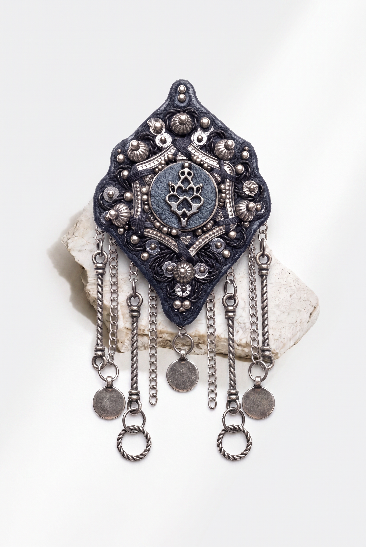 Midnight Blue & Silver Medallion Embellished Statement Brooch