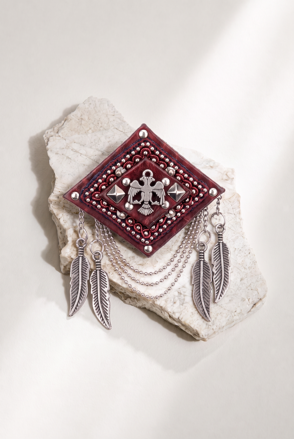 Burgundy & Silver Eagle Embellished Statement Brooch