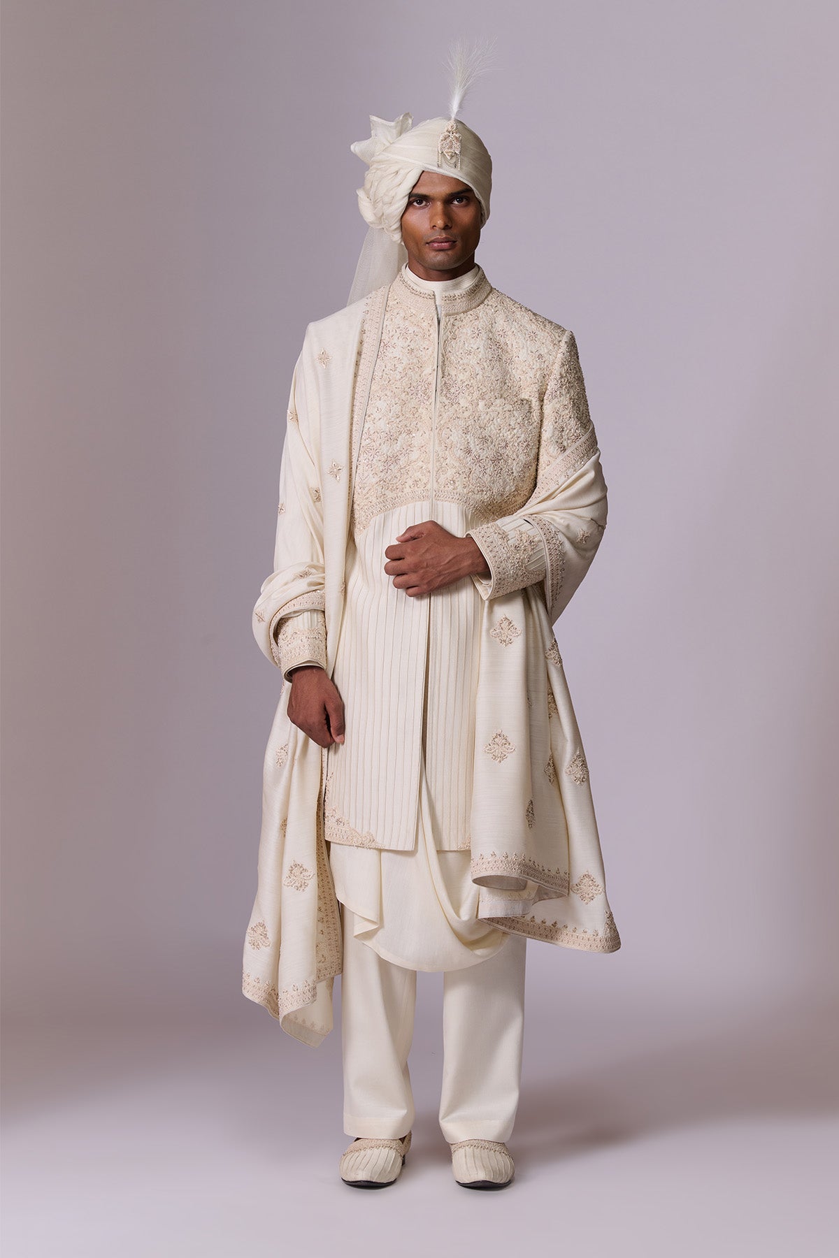 Ivory Embroidered Sherwani Set with Drape