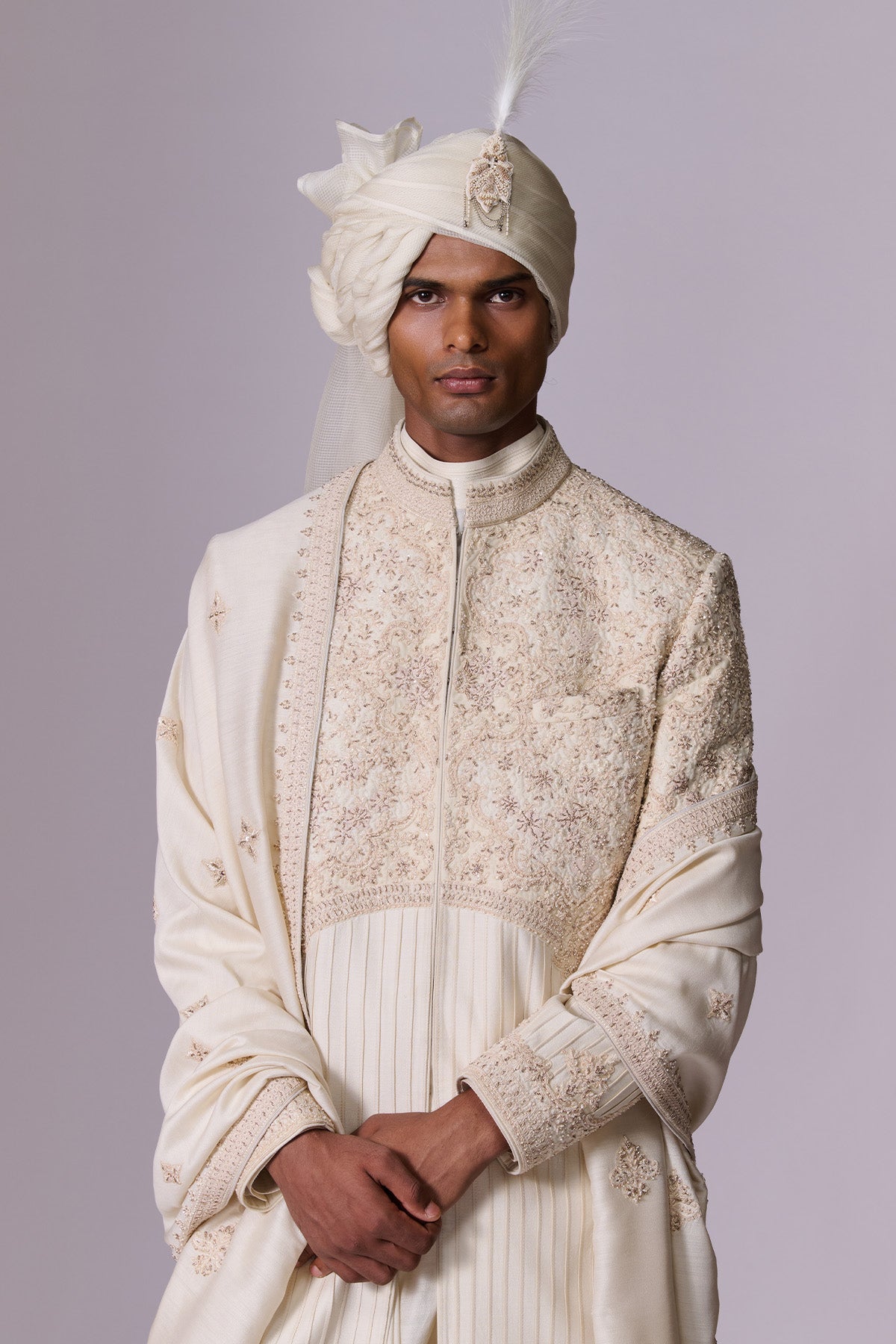 Ivory Embroidered Sherwani Set with Drape