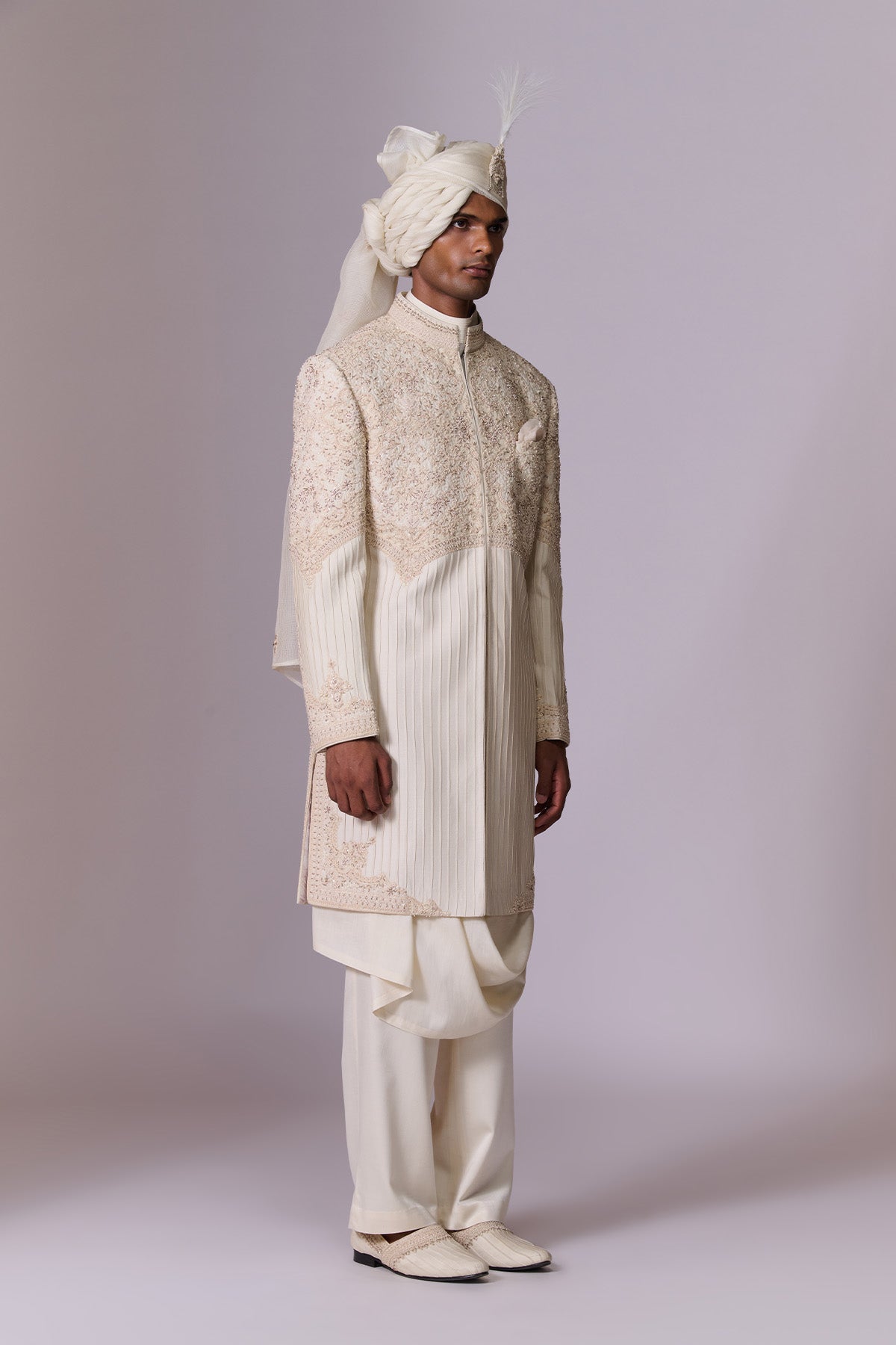 Ivory Embroidered Sherwani Set with Drape