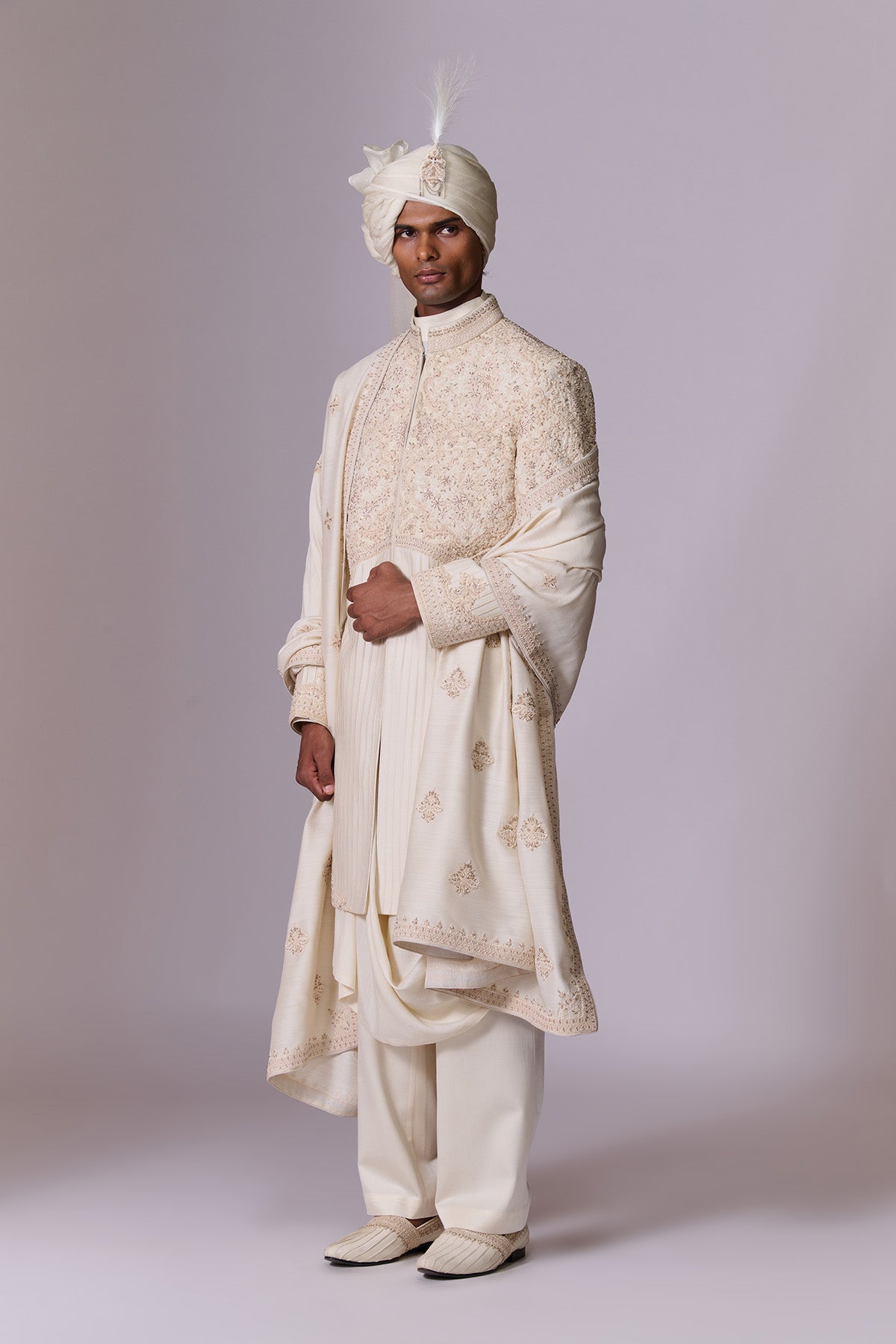 Ivory Embroidered Sherwani Set with Drape