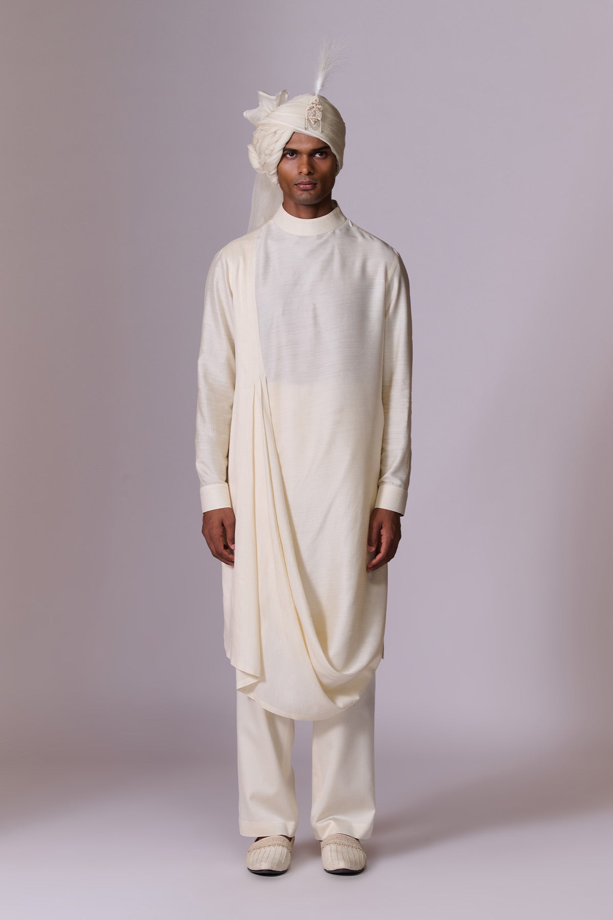 Ivory Embroidered Sherwani Set with Drape