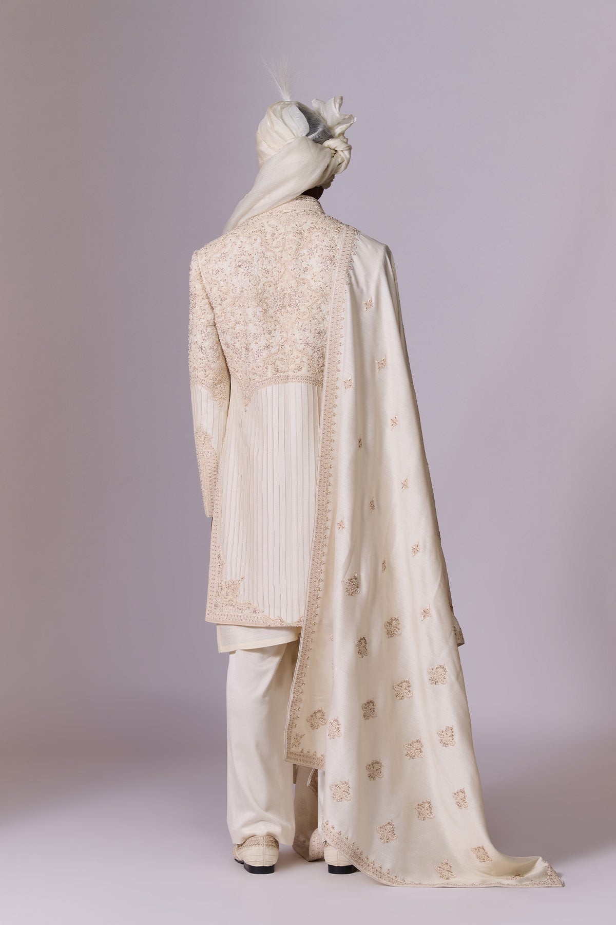 Ivory Embroidered Sherwani Set with Drape