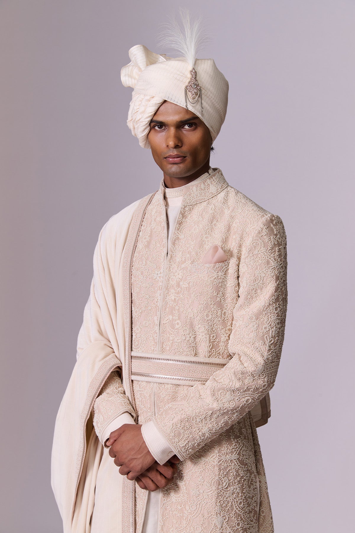 Silver Peony Sherwani Set