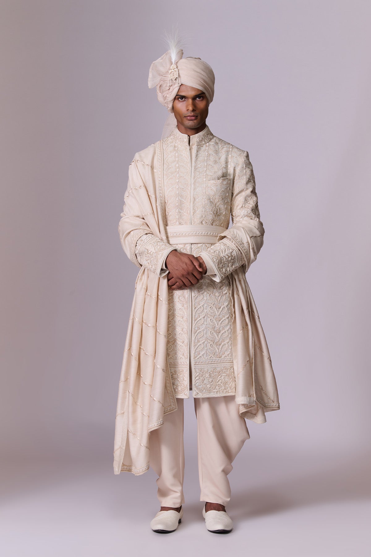 Ivory Sherwani Set with Layered Drape