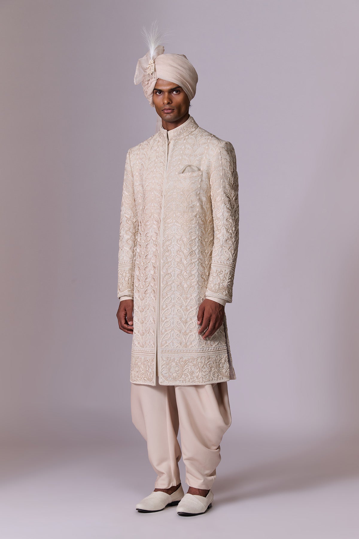 Ivory Sherwani Set with Layered Drape