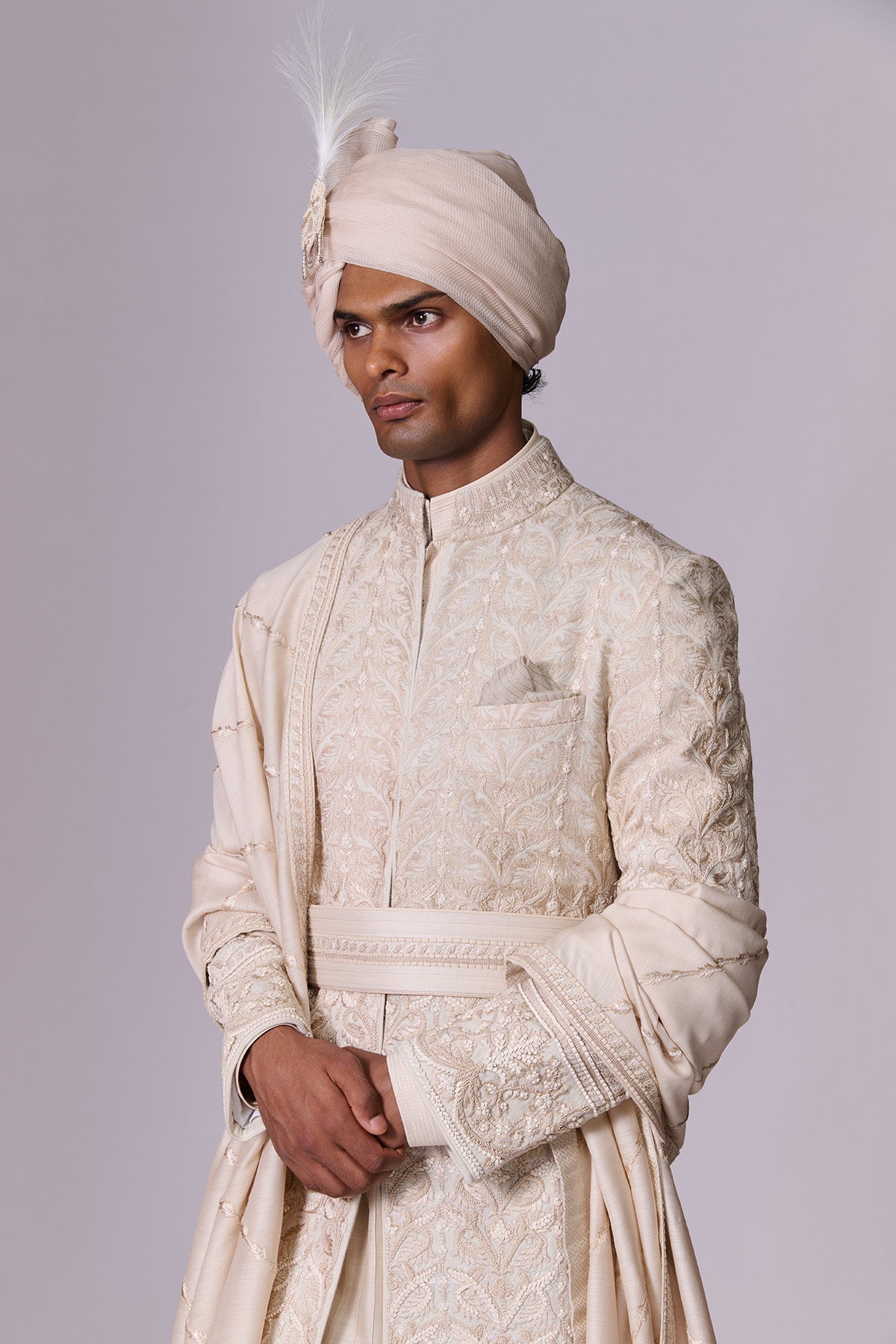 Ivory Sherwani Set with Layered Drape