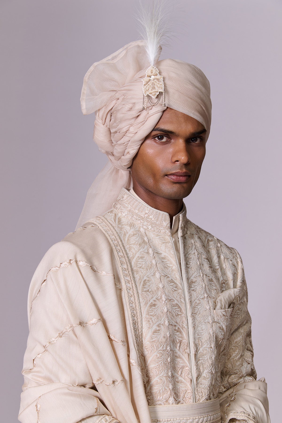 Ivory Sherwani Set with Layered Drape