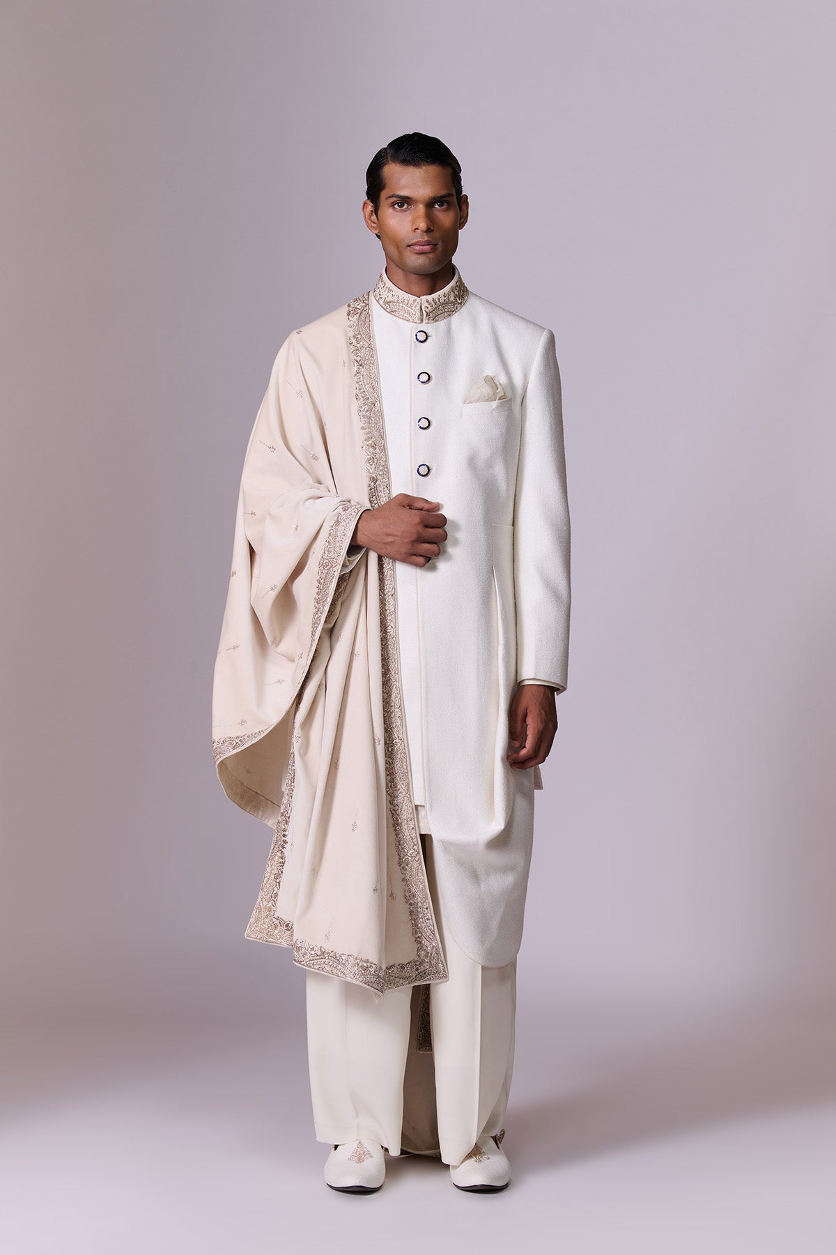 Ivory Sherwani Set with Embroidered Drape