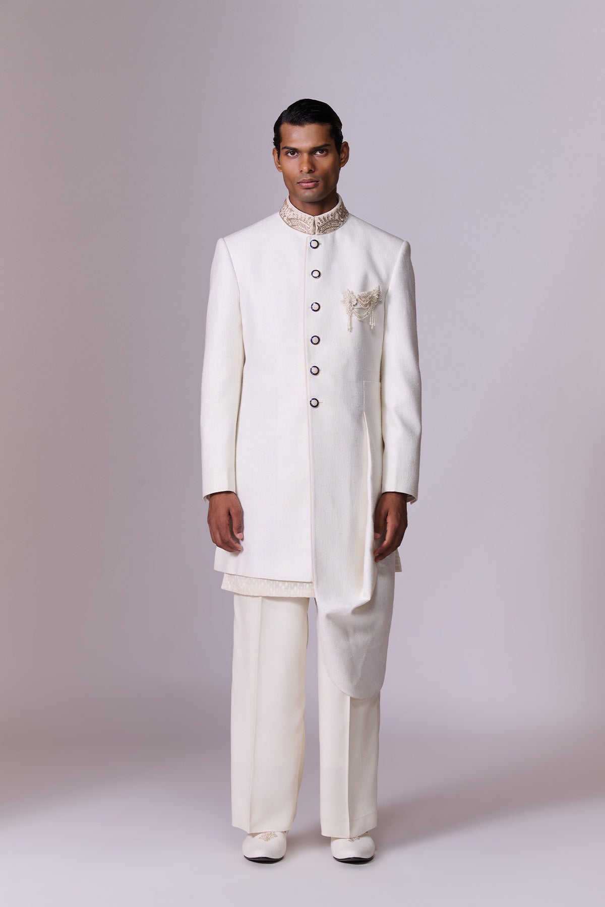 Ivory Sherwani Set with Embroidered Drape