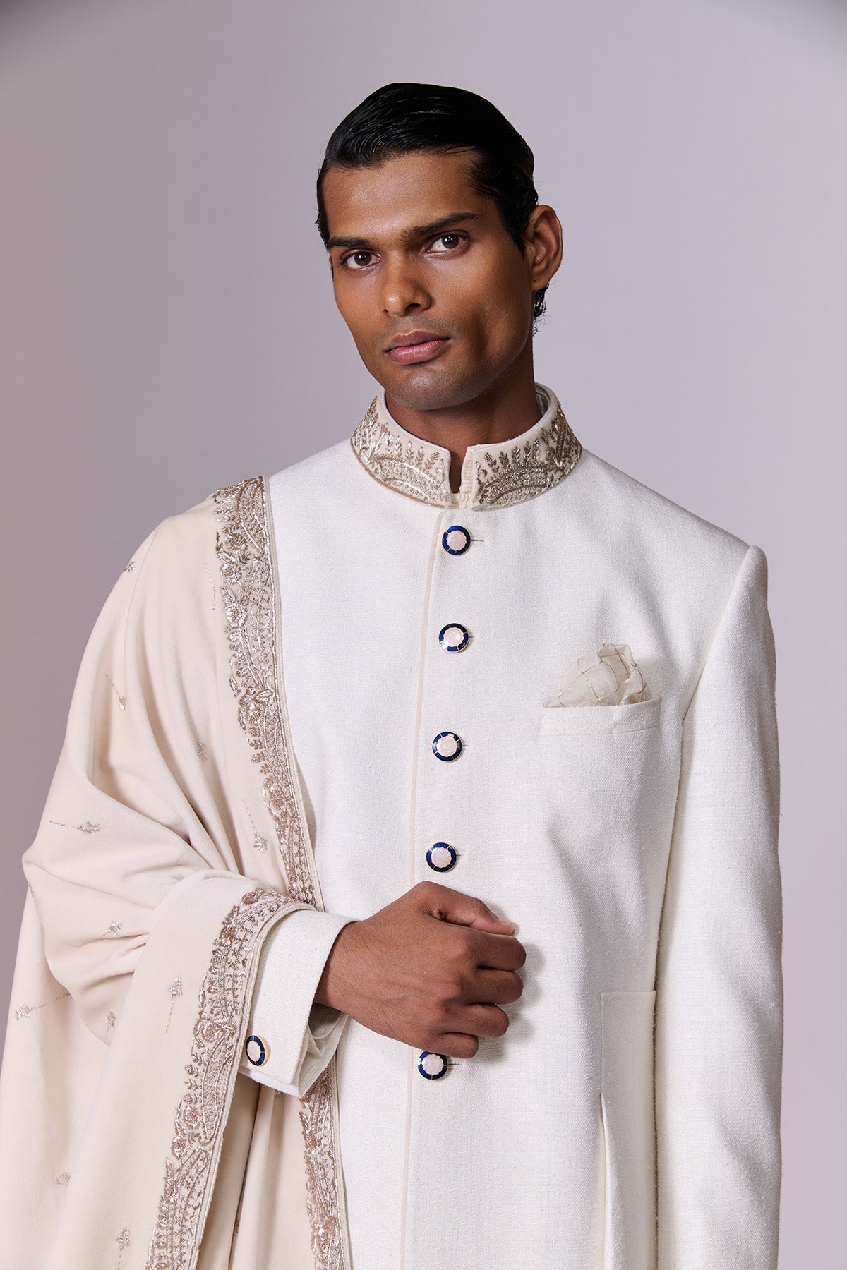 Ivory Sherwani Set with Embroidered Drape