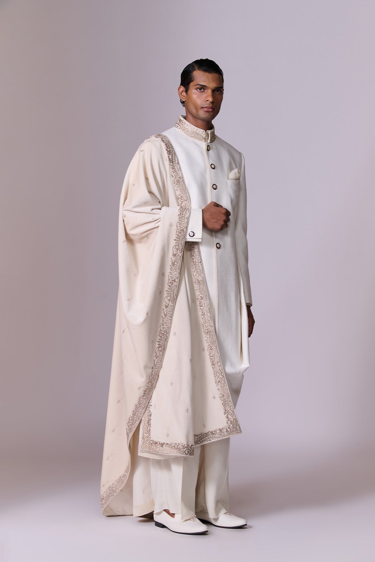 Ivory Sherwani Set with Embroidered Drape