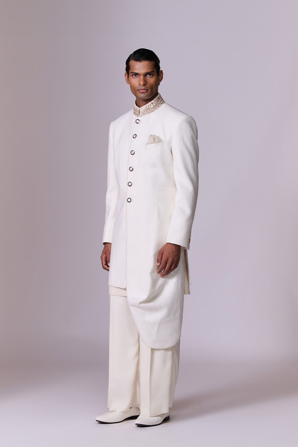 Ivory Sherwani Set with Embroidered Drape