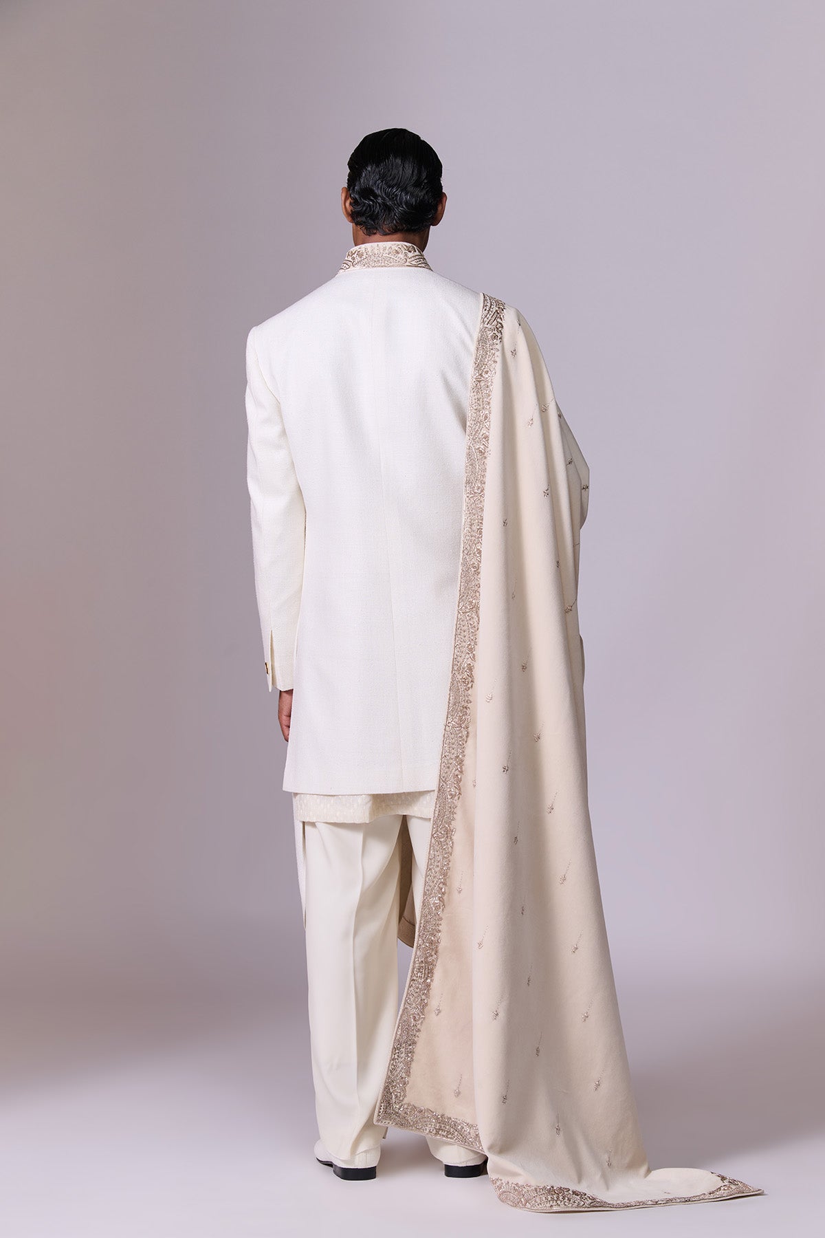 Ivory Sherwani Set with Embroidered Drape