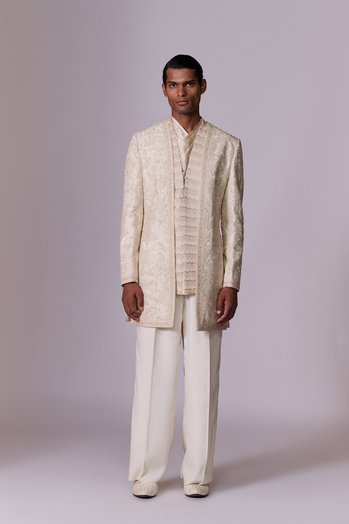 Beige Textured Bandhgala Set