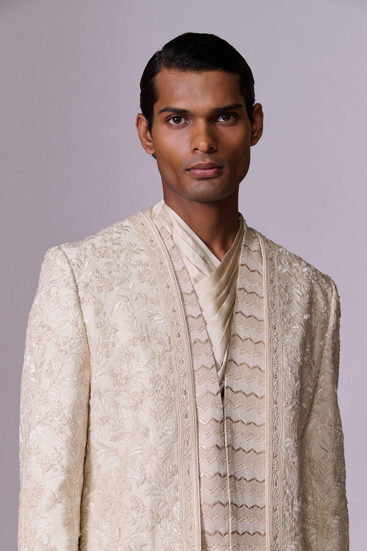 Beige Textured Bandhgala Set