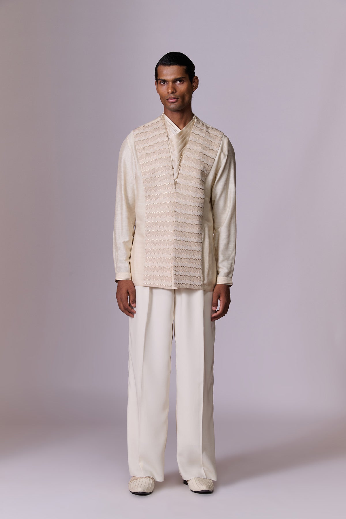 Beige Textured Bandhgala Set