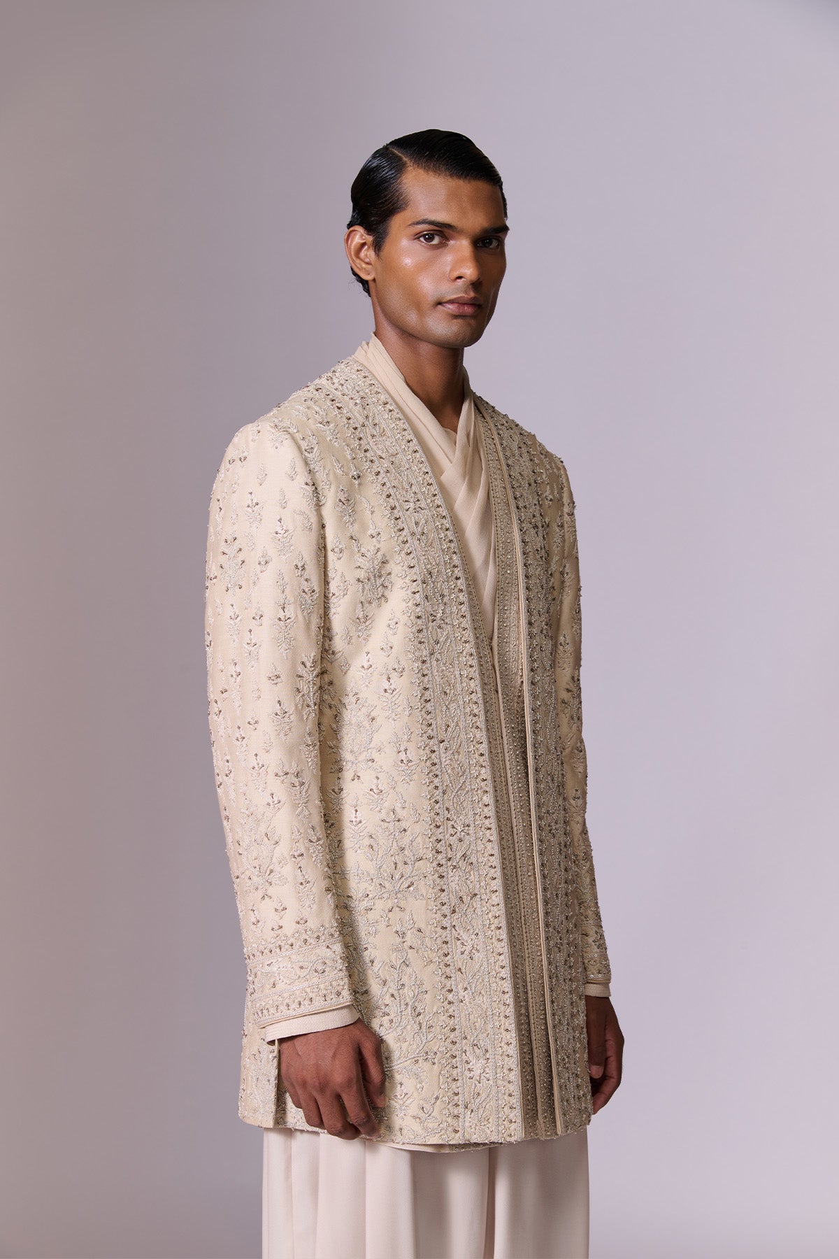 Beige Draped Bandhgala Set