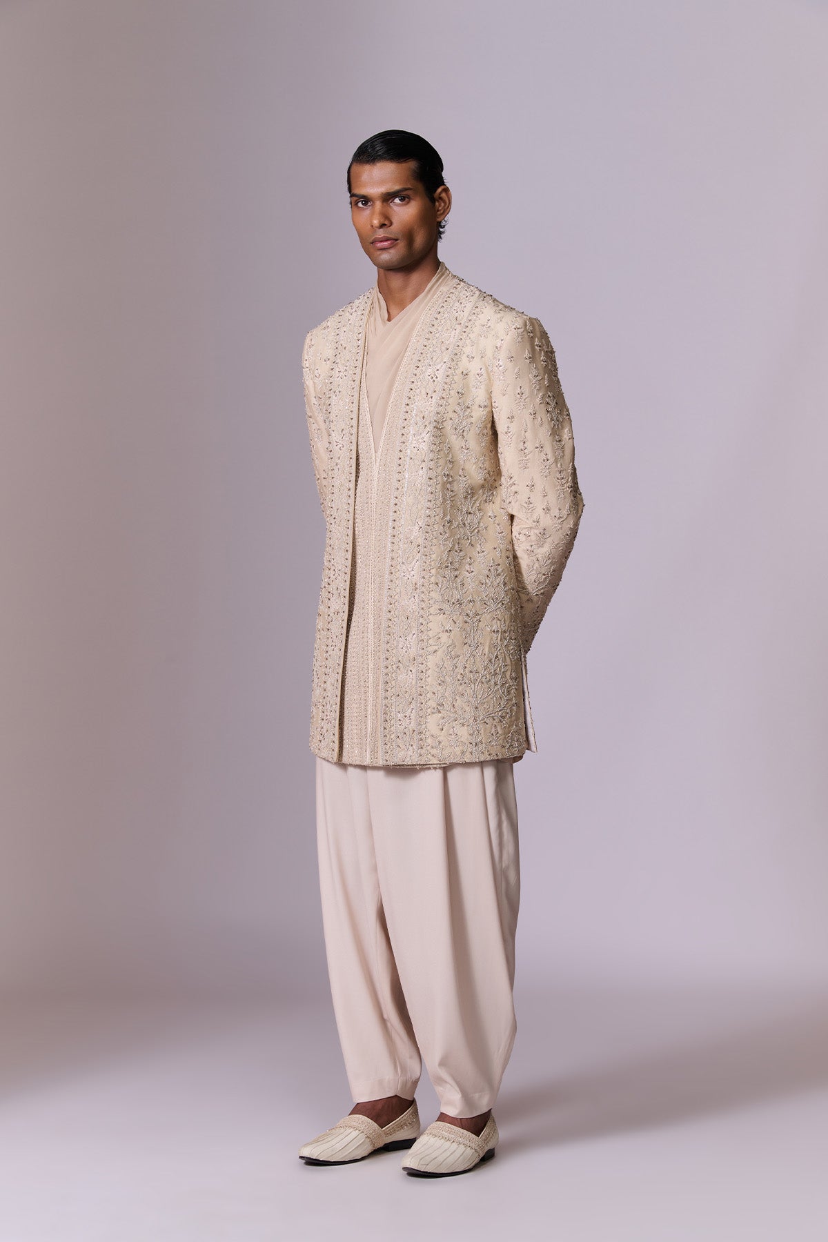 Beige Draped Bandhgala Set