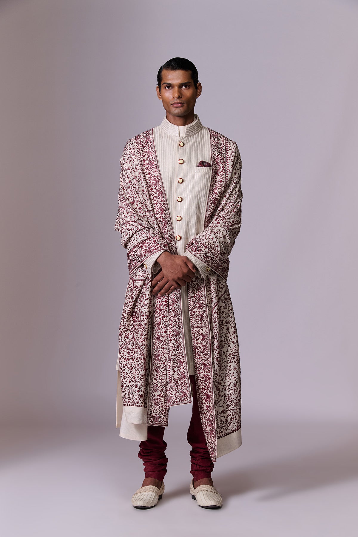 White Opal Leather Stripe Sherwani Set