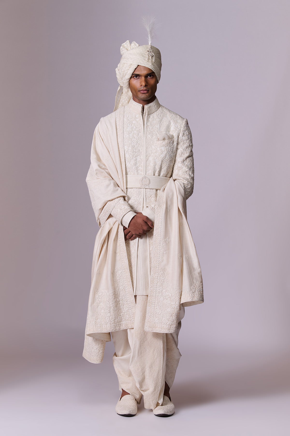 Ivory Embroidered Sherwani Set with Stole