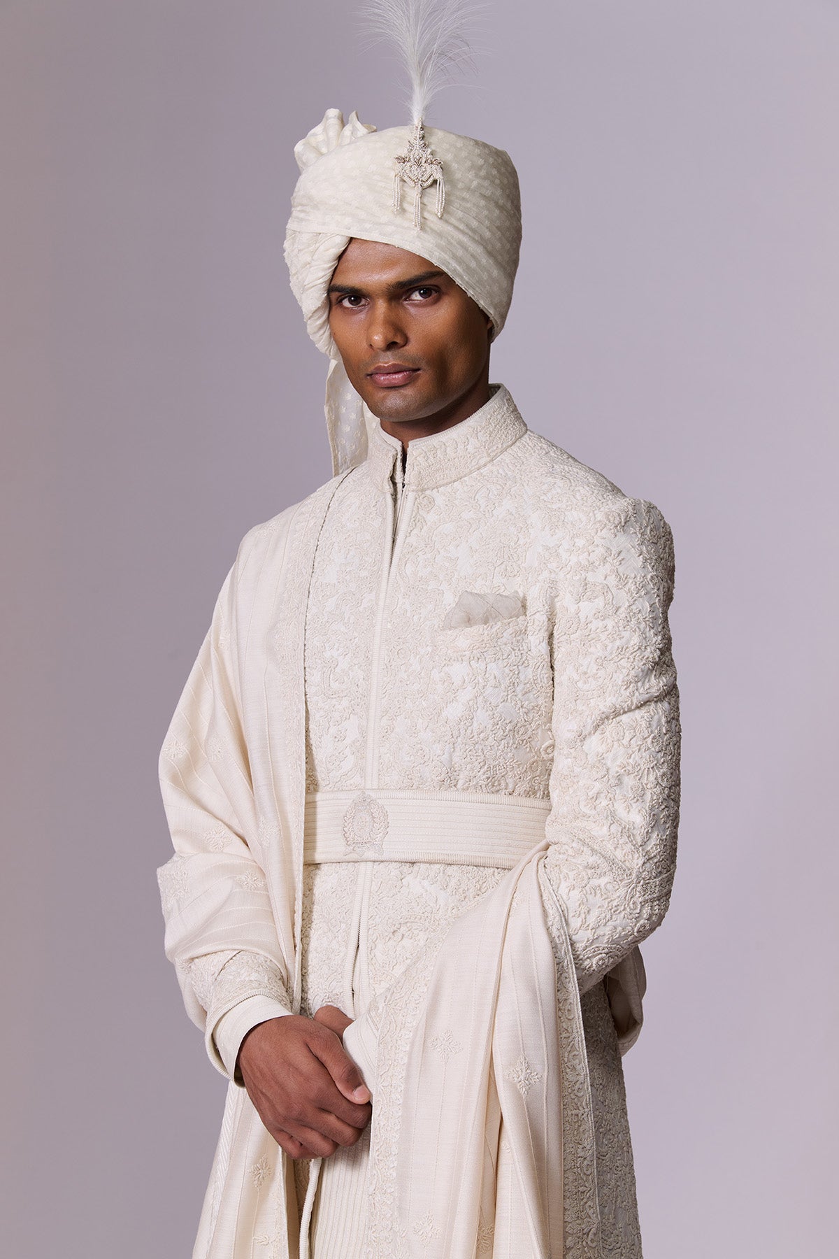 Ivory Embroidered Sherwani Set with Stole